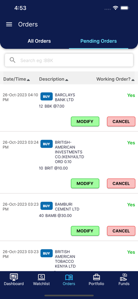 Interface do aplicativo Sterling Plus mostrando uma lista de ordens de compra de ações pendentes com opções para modificar ou cancelar.