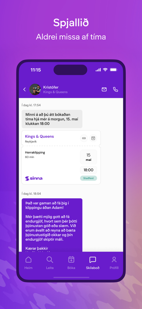 Sinna - Una captura de pantalla de la interfaz de chat de la aplicación móvil Sinna que muestra recordatorios de citas y mensajes de un proveedor de servicios.