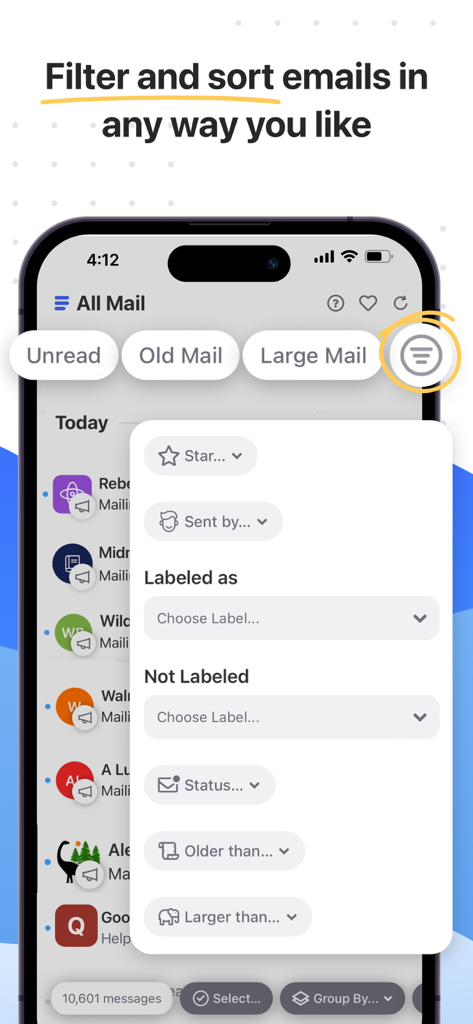 Clean Email — Inbox Cleaner - Clean Email app screen showing advanced filter and sort features for organizing an inbox