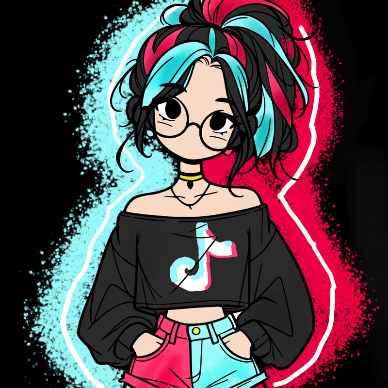 girl with a messy ponytail glasses a baggy crop top and jean shorts