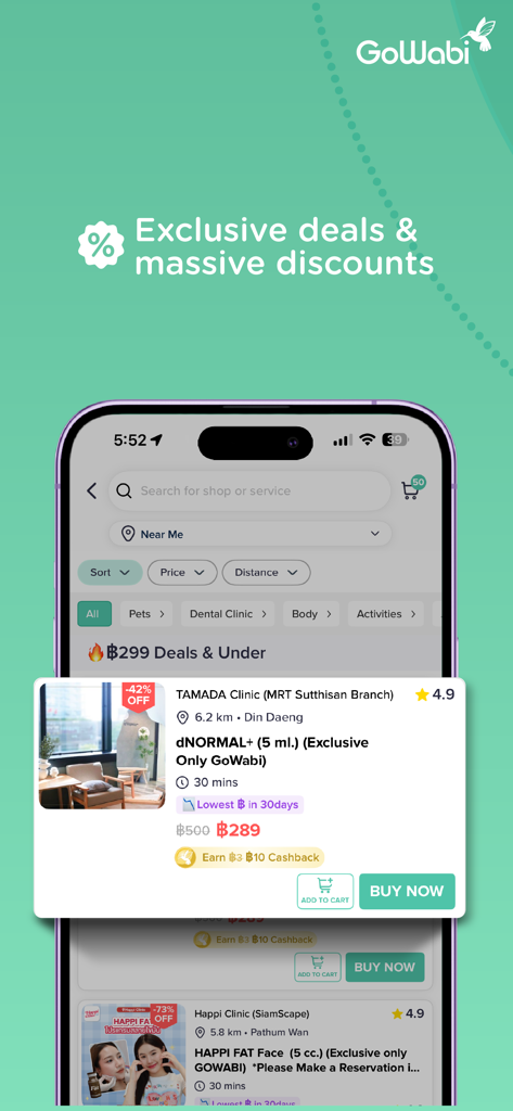 GoWabi app interface showing exclusive beauty and wellness discounts and deals in Thailand