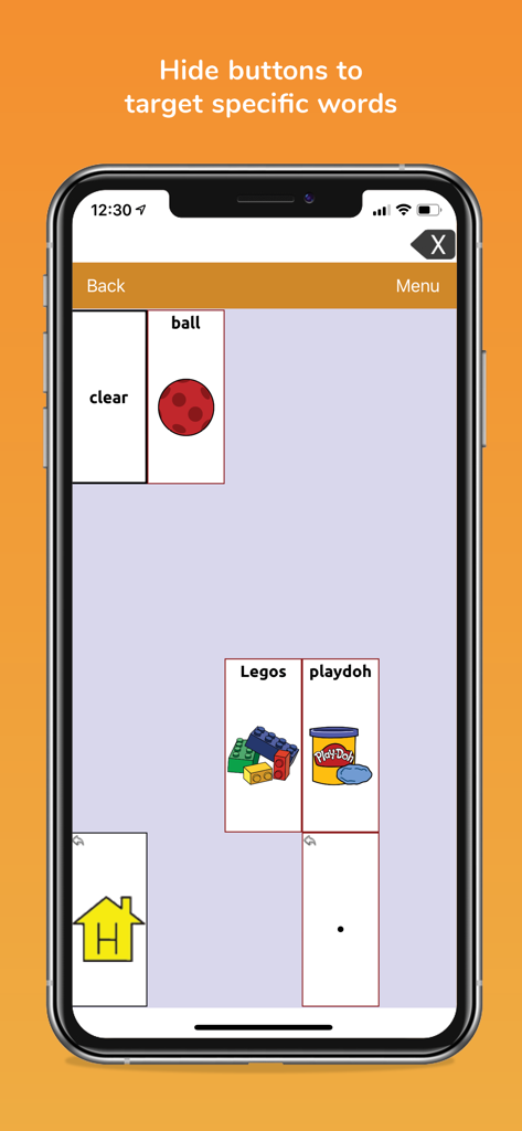 TouchChat HD - AAC - A screenshot of the TouchChat HD AAC app showing a simplified grid with hidden buttons to target specific words.