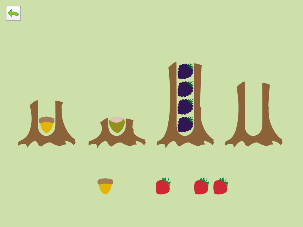 PreNumbers PRO - A forest-themed sorting exercise in the PreNumbers PRO app featuring tree stumps and fruit.
