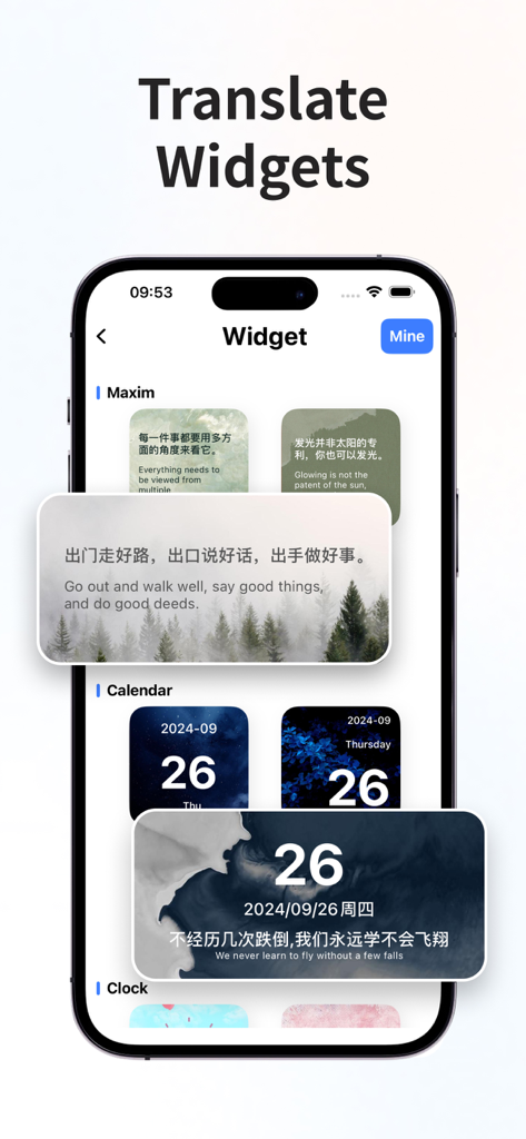 Translator : Dialogue & Text - Screenshot dell'iPhone che mostra widget di traduzione bilingue per massime e calendari