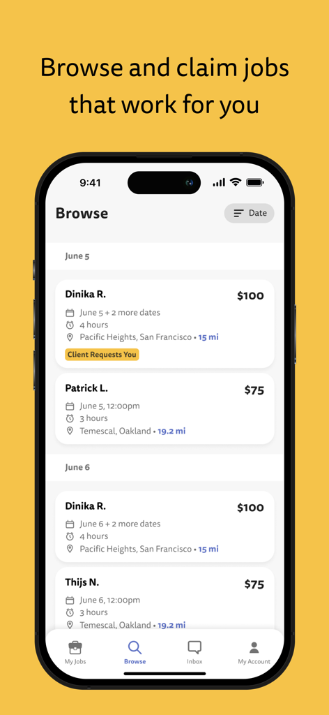 Homeaglow for Cleaners - Homeaglow for Cleaners app interface showing a list of available cleaning jobs with pay and location details