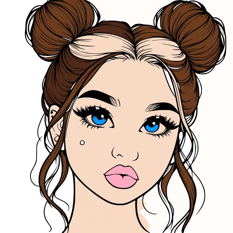 realistic girl with two buns on her hair and lips