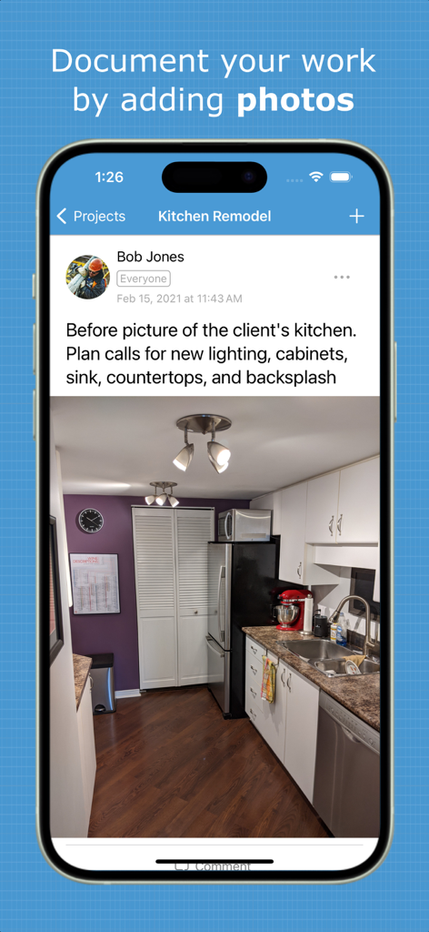 Interfaz de la app Probuild para contratistas que muestra un proyecto de remodelación de cocina con documentación fotográfica.