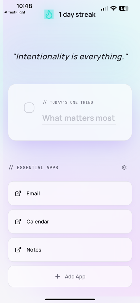 Minimalist phone interface showing essential apps like email and calendar with a focus goal tracker