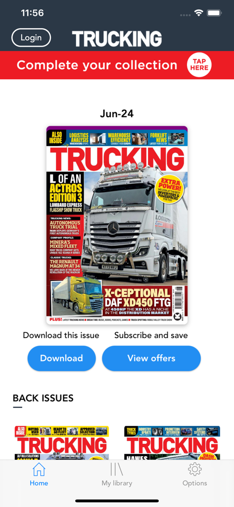 The home screen of the Trucking Magazine app showing the latest issue cover and back issues section
