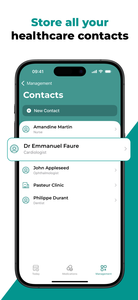 Liste des contacts de soins de santé dans l'application AppyCare montrant les médecins et les cliniques.