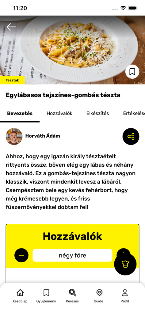 Street Kitchen app showing a one-pot creamy mushroom pasta recipe with ingredient details and cooking mode options.