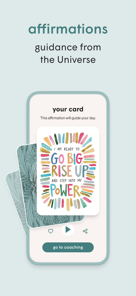Gabby - Coaching & Meditation - A digital affirmation card on the Gabby app with colorful text reading I am ready to go big rise up and step into my power.
