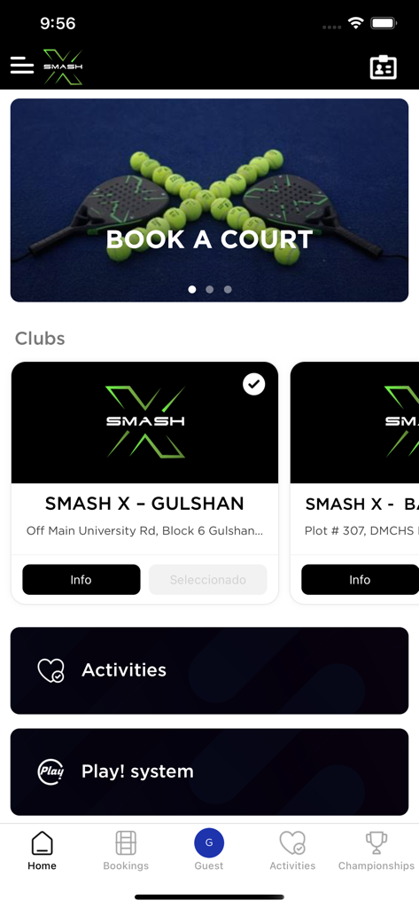Smash X - Smash X mobile app home screen for booking racket sports courts and managing club activities