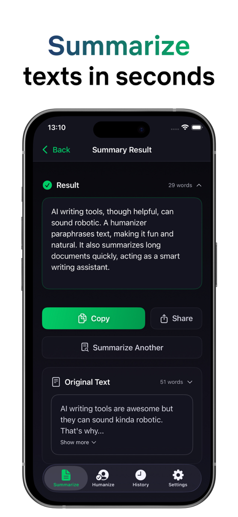 AIライティングツールに関するテキストの要約結果を示すHumanize AIアプリのインターフェース。