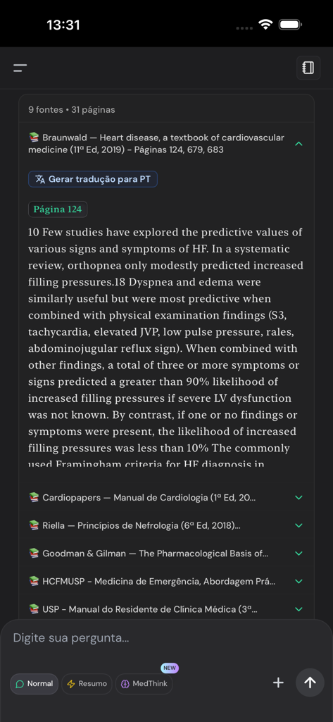 MedSeek by Liberty - Interface of MedSeek app showing medical textbook references and scientific evidence for clinical study
