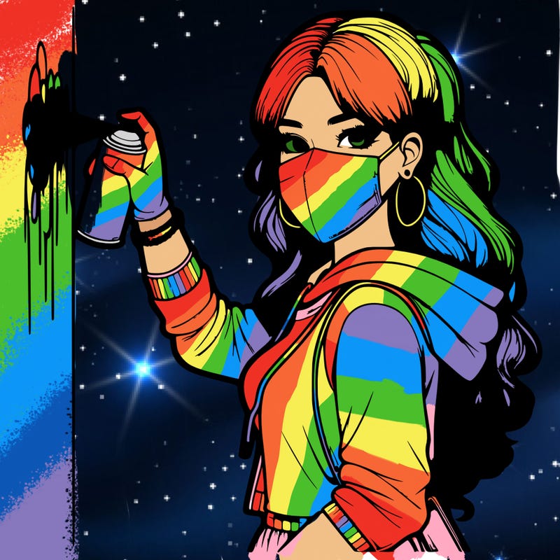 realistic girl with mask spray painting a wall