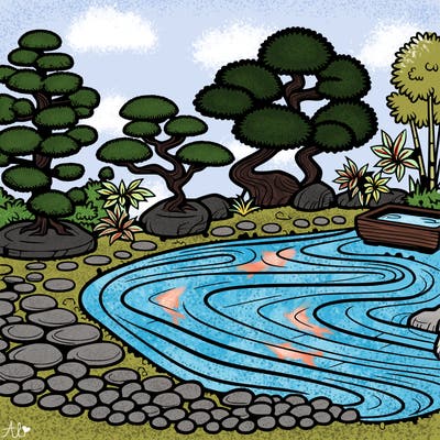 a serene zen garden with raked gravel, bonsai trees, and tranquil ponds