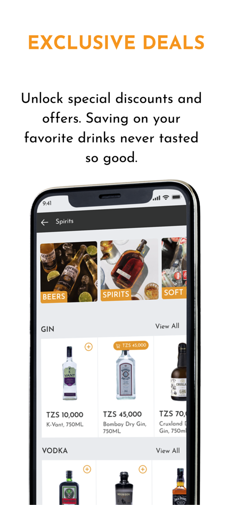 Distro app interface displaying exclusive deals and a selection of premium spirits including gin and vodka