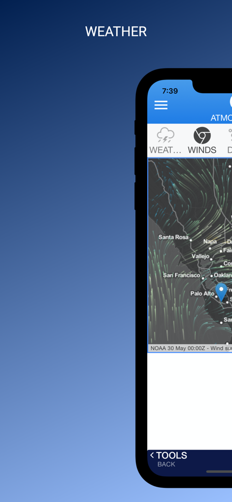 FlightLog App - FlightLog App weather interface showing wind patterns over San Francisco.