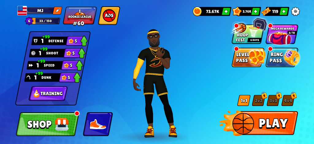 Basketball Superstars - Main menu of Basketball Superstars showing a customized player character and character skill progression stats.