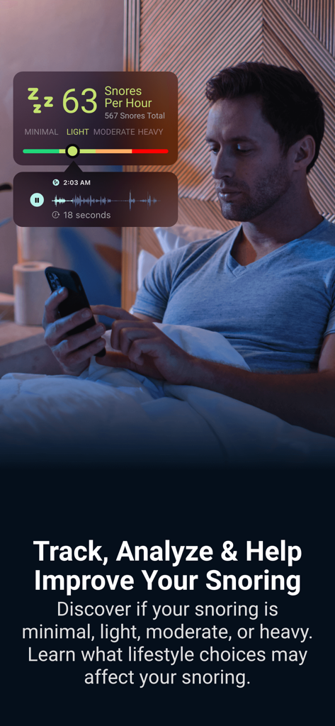 SleepWatch - Top Sleep Tracker - Die Benutzeroberfläche der SleepWatch-App zeigt Schnarchfrequenzdaten und Audioaufnahmen mit einem Mann im Bett.