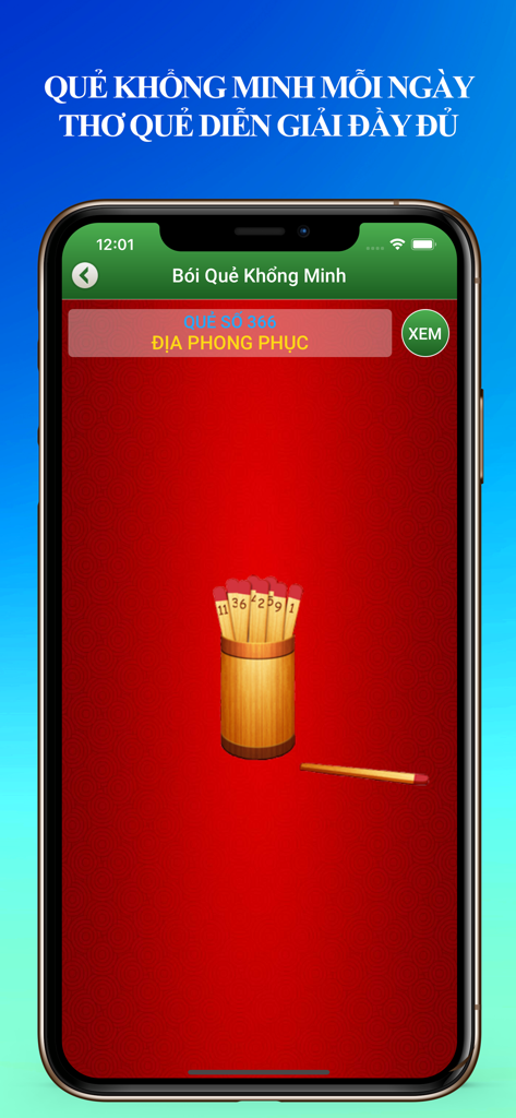 Lịch Vạn Niên 2026 & Lịch Âm - App del calendario lunare vietnamita che mostra la divinazione di Kongming con bastoncini di divinazione