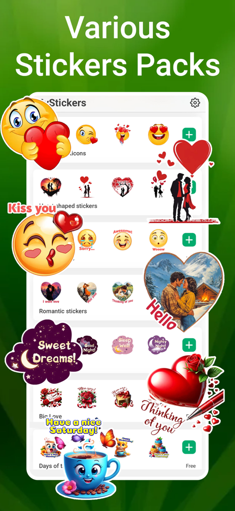 A showcase of various sticker packs in the MyStickers app featuring romantic hearts, expressive emojis, and daily greetings for WhatsApp.