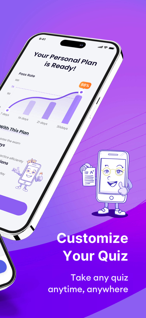 NCLEX® Exam Prep 2026 - A personalized NCLEX study plan interface showing a performance graph and a 98 percent pass rate