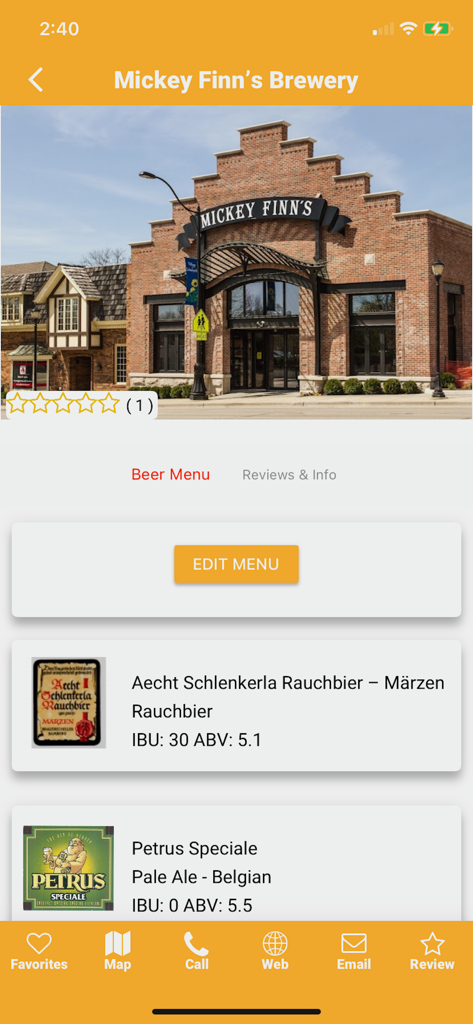 A mobile app screen displaying the beer menu for Mickey Finns Brewery with labels for craft beers and their IBU and ABV stats.