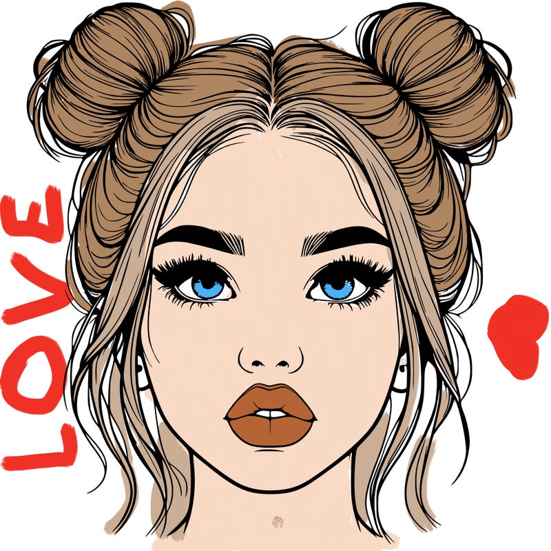realistic girl with two buns on her hair and lips