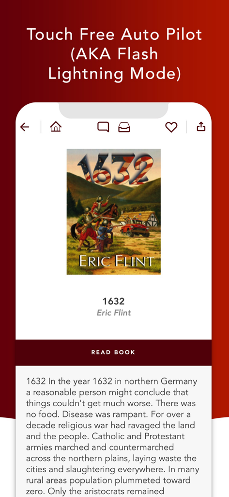 Interfaz de la aplicación QuickReader mostrando el modo de lectura Auto Pilot sin contacto con una vista previa del libro.