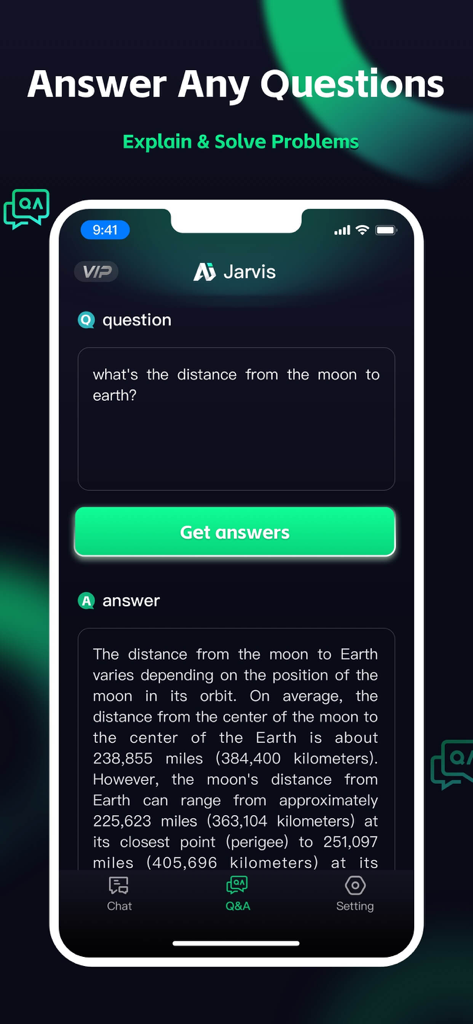 Interfaccia dell'app Jarvis AI chat assistant che mostra la risposta a una domanda su un iPhone