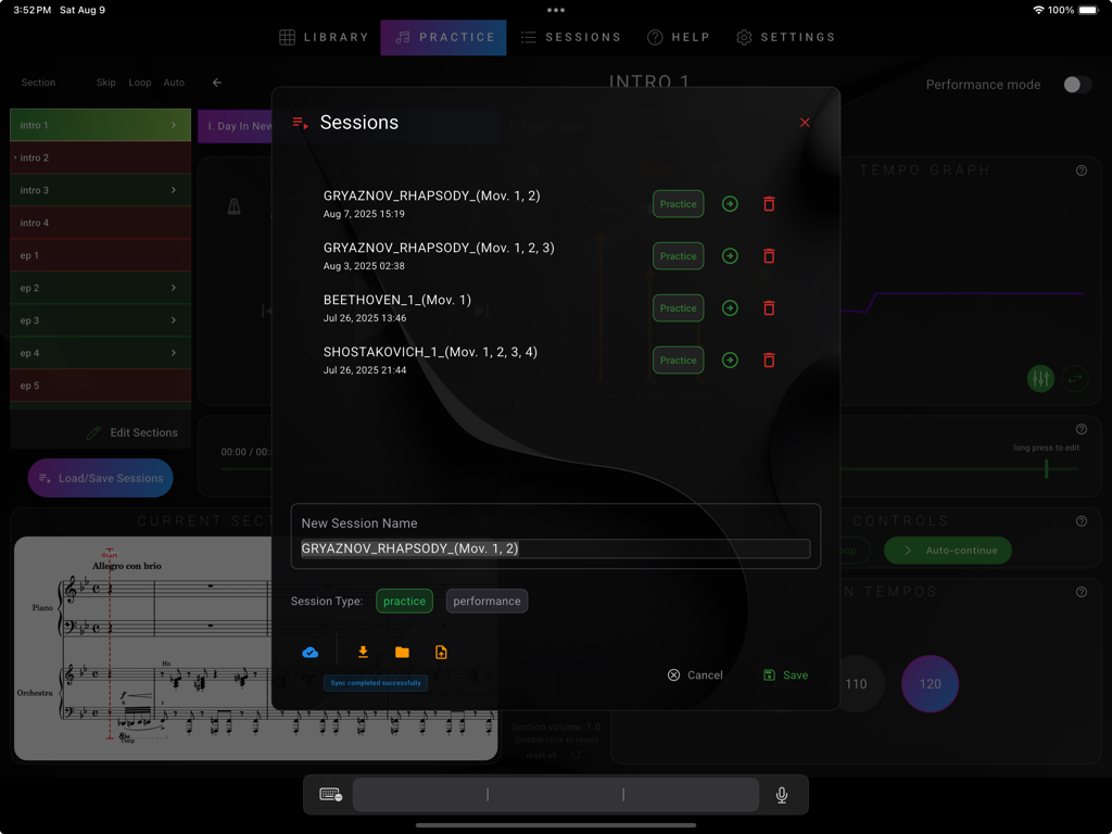 GPhil - GPhil app sessions menu listing saved orchestral practice sessions