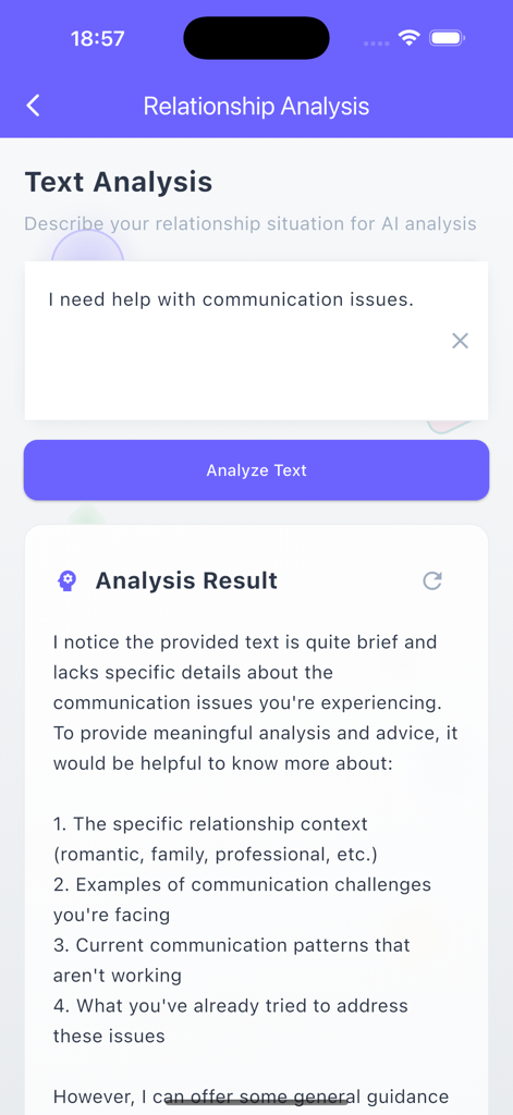 Meko-Fun Chat - AI relationship analysis results for communication issues in Meko Fun Chat app
