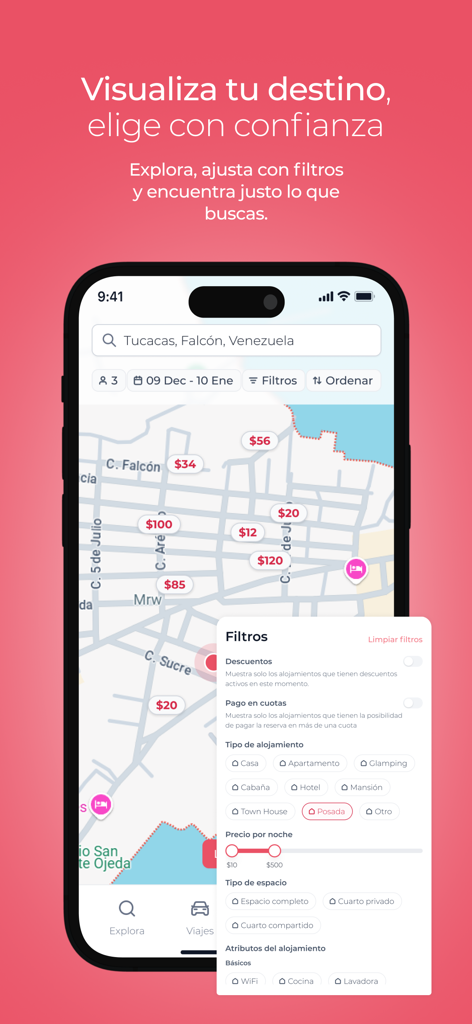 Estei - Estei app map interface showing lodging price pins in Venezuela and an overlay for search filters