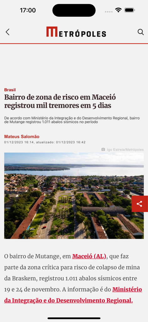 Metrópoles news app displaying a headline about Maceió and an aerial view of the city.