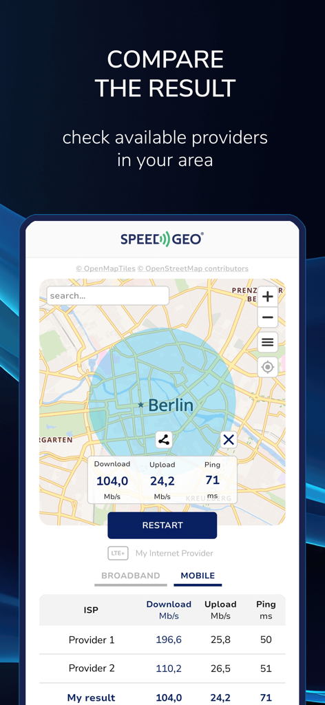 SpeedGeo app showing mobile internet speed comparison between different providers on a map