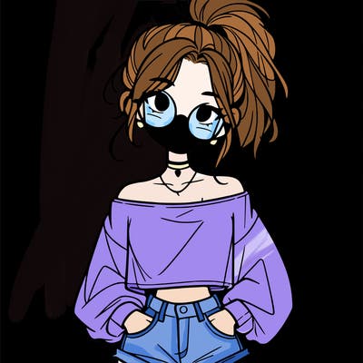 girl with a messy ponytail glasses a baggy crop top and jean shorts