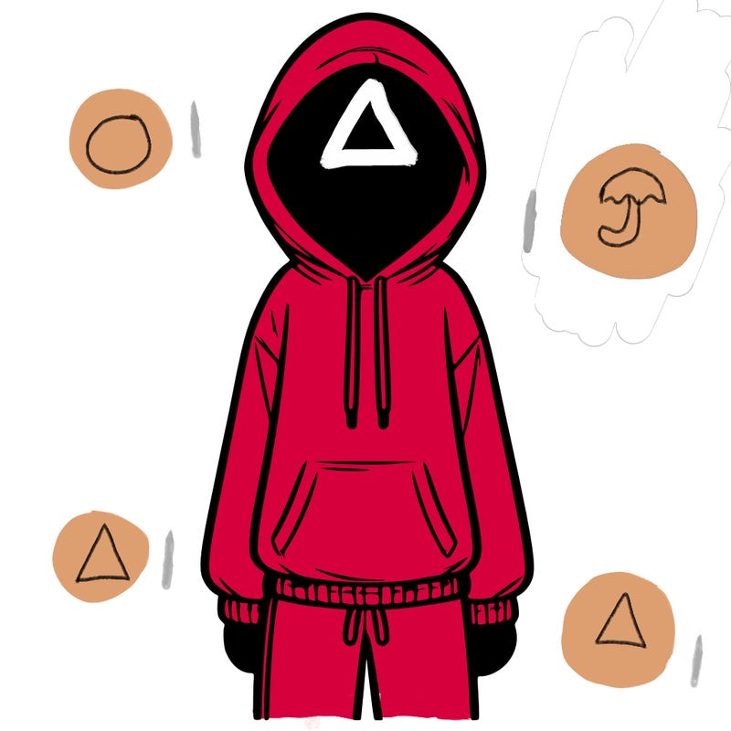 faceless girl in a tracksuit with a hood on and no hair