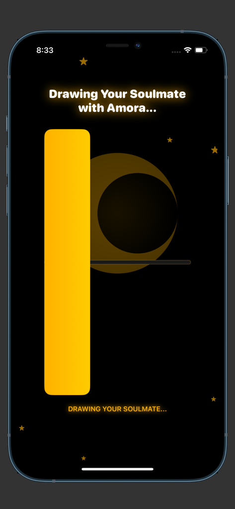 Loading screen of the Amora app with text indicating the AI is drawing a soulmate