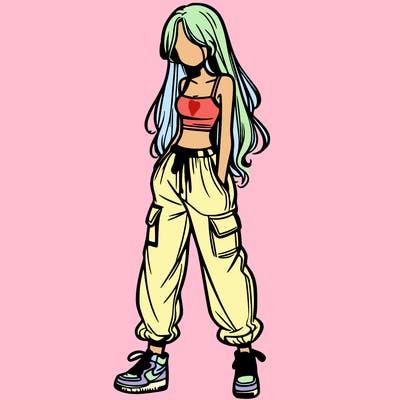 girl in baggy pants crop top and long hair