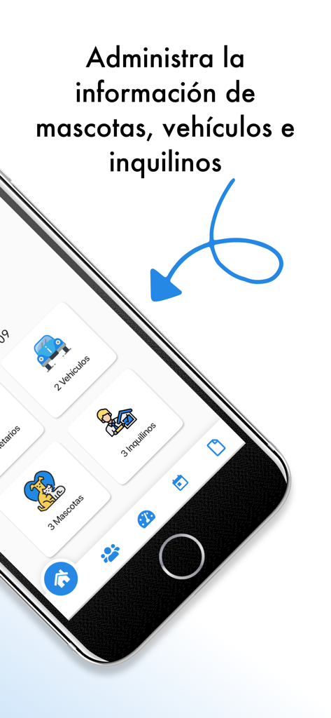 Hac - Mobile screen of the Hac app showing management options for pets, vehicles, and tenants