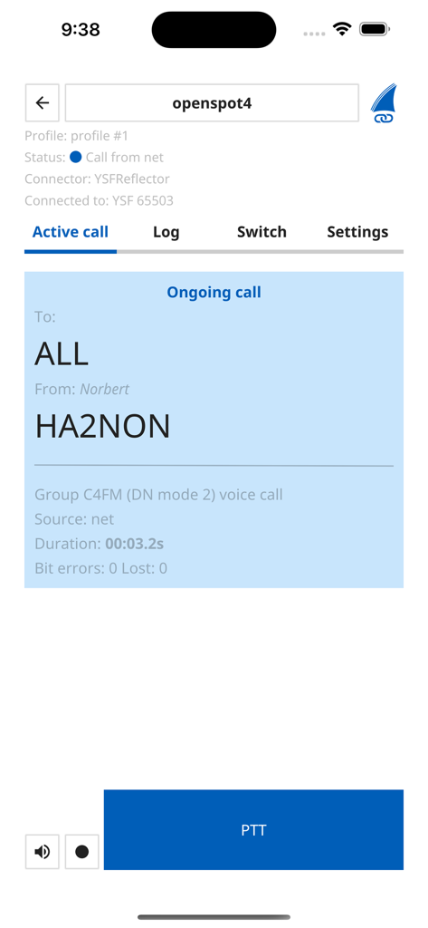 SharkRF Link app active call screen showing an ongoing C4FM voice call with a PTT button