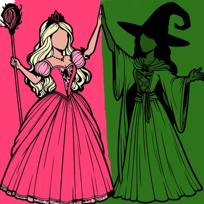 detailed realistic split of a princess and a witch