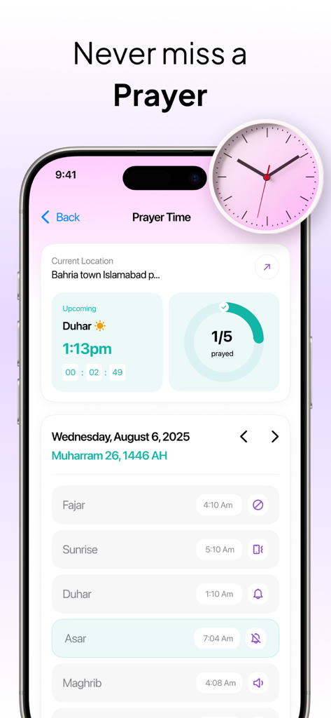 Mobile app screen showing daily Islamic prayer times and a tracking progress circle for prayers completed