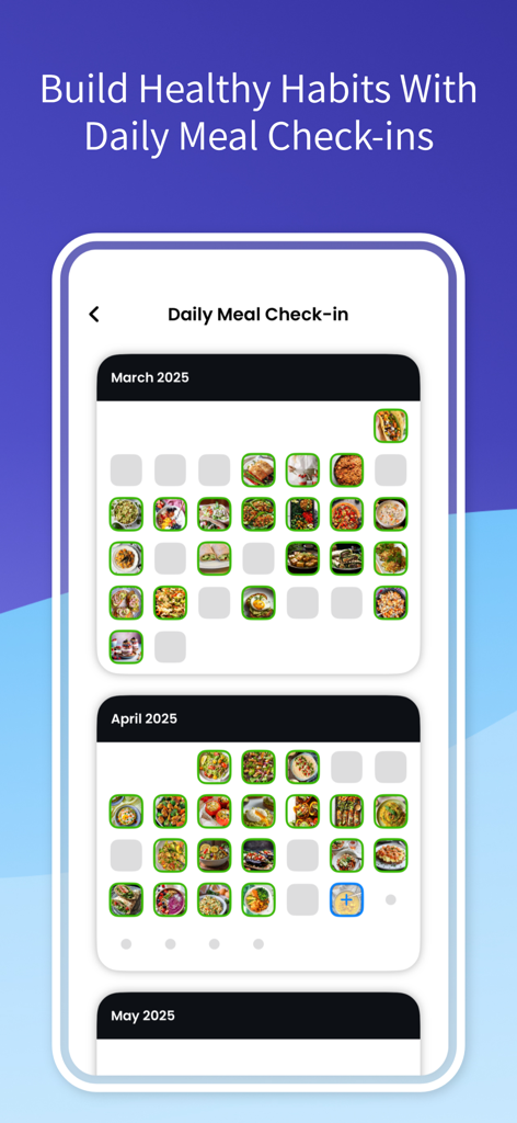 Calendar view showing a history of food photos for daily meal checkins