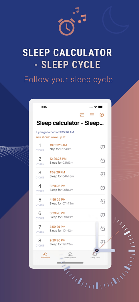 Sleep Cycle - Sleep Calculator - Interfaccia dell'app Sleep Cycle che mostra un elenco di orari di risveglio ottimali basati sul numero di cicli del sonno.