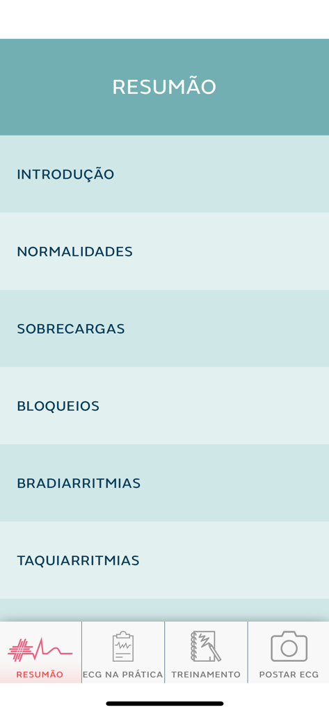 MEDELETRO - Menu de resumo do aplicativo MEDELETRO mostrando categorias para interpretação de ECG, como bradiarritmias e taquiarritmias.