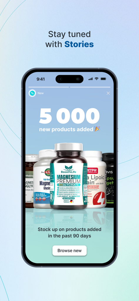 Interfaccia dell'app Liki24 che mostra un aggiornamento delle storie che annuncia cinquemila nuovi prodotti per la salute e la bellezza