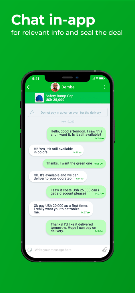 A screenshot of the Jiji Uganda mobile app displaying the in-app chat feature used for negotiating deals between buyers and sellers.